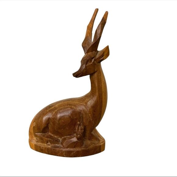 Antelope Gazelle Mid Century Hand Carved Teak Wooden Figurines Pair Vintage 6" - Picture 3 of 7